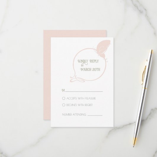 アールヌーボー赤面ピンクヴィンテージバタフ結婚ィーズ 出欠カード (正面/裏面インサイチュ)