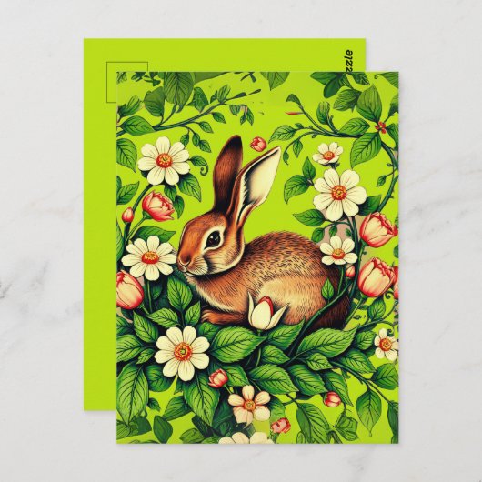 アールヌーボー野生のウサギと花 ポストカード (正面/裏面)