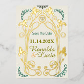 アールヌーボー金ゴールドグリーンボタニカルザデイト 箔招待状 (正面)