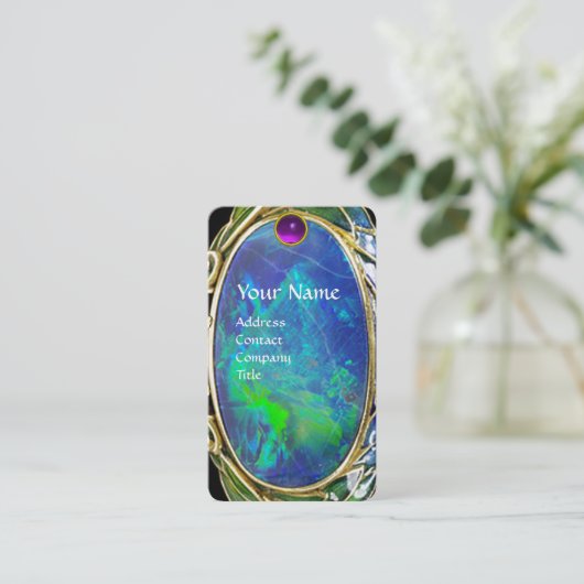 アールヌーボー金ゴールドジュエルブルーグリーンオパールモノグラム 名刺 (スタンド正面)