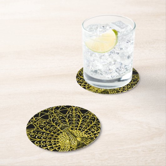 アールヌーボー金ゴールドピーコック ラウンドペーパーコースター (インサイチュ)