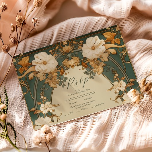 アールヌーボー金ゴールド植物学結婚アーチ 出欠カード