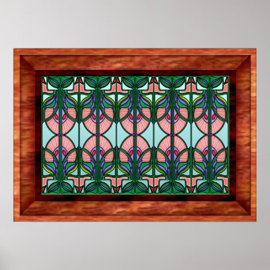 アールヌーボー額縁ステンドグラス窓 ポスター (正面)