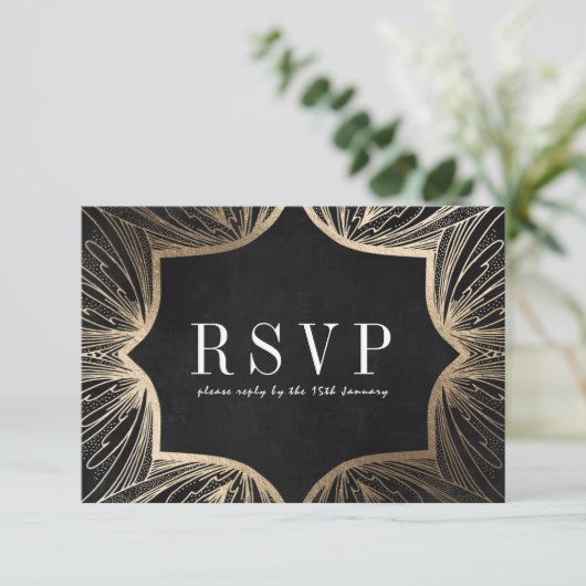 アールヌーボー風ゴールドの結婚式出欠確認カード 出欠カード (スタンド正面)