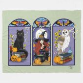 アールヌーボー魔女フクロウ猫ハロウィン フリースブランケット (正面(横))