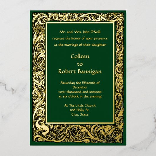 アールヌーボー鳥とフローラの縁ど葉 箔招待状 (正面)