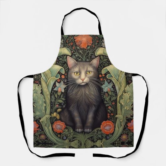 アールヌーボー黒猫と赤い花 エプロン (正面)