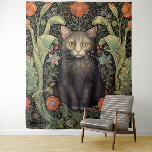 アールヌーボー黒猫と赤い花 タペストリー (インサイチュ)