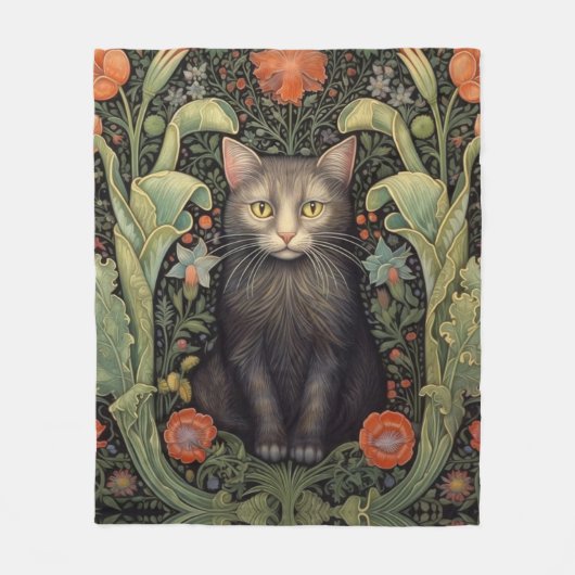 アールヌーボー黒猫と赤い花 フリースブランケット (正面)