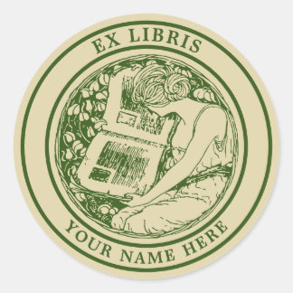 アールヌーボー1903女性と書籍Ex Librisテンプレート ラウンドシール