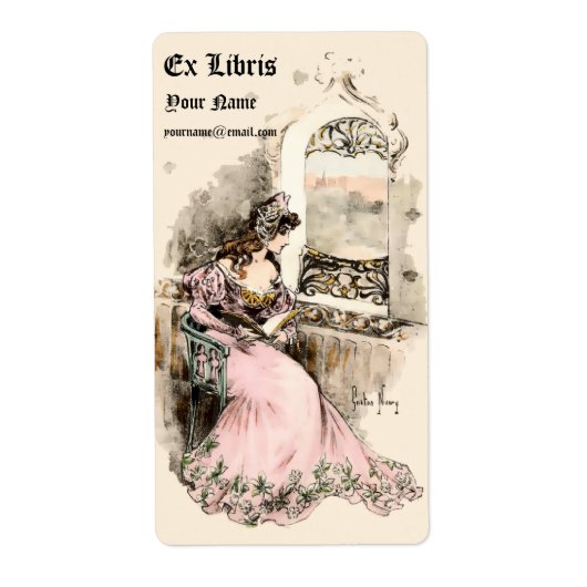 アールヌーボー1905 Ex Libris Girl & Bookテンプレート ラベル (正面)