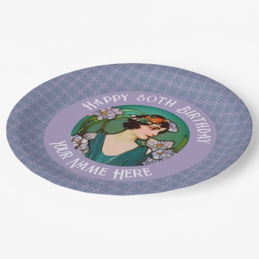 アールヌーボー80th /カスタム誕生日 – あなたの写真 ペーパープレート (アングル)