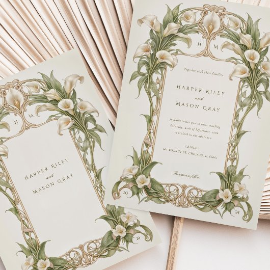 アールヌーボー・カラ結婚・リリーのアイボリーとグリーン 招待状