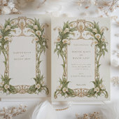 アールヌーボー・カラ結婚・リリーのアイボリーとグリーン 招待状