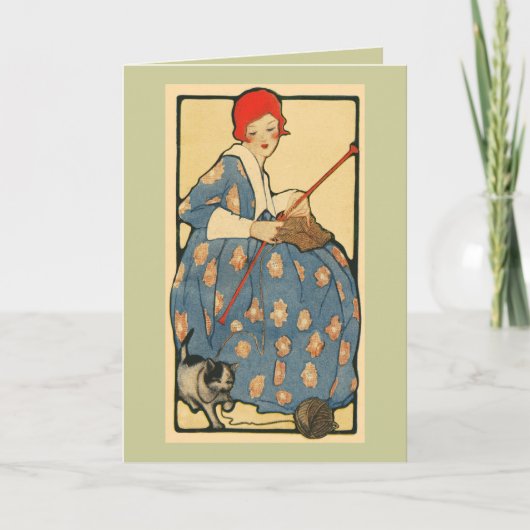 アールヌーボー・ガール編み物と猫 カード (正面)
