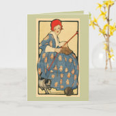 アールヌーボー・ガール編み物と猫 カード (黄色い花)