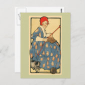 アールヌーボー・ガール編み物と猫 ポストカード (正面/裏面)