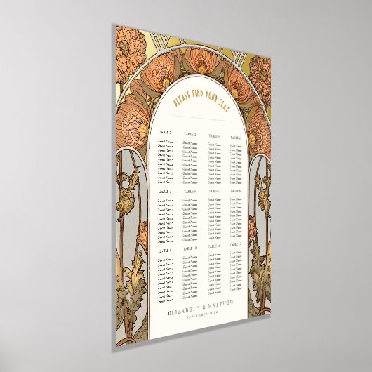 アールヌーボー スタイルの ヴィンテージ ウェディング シーティングチャート 箔ポスター (レイダウン)