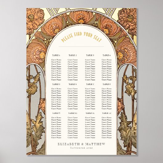 アールヌーボー スタイルの ヴィンテージ ウェディング シーティングチャート 箔ポスター (正面)