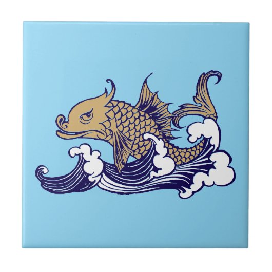 アールヌーボー・フィッシュ・イン・ウェーブバイ・アーサー・ラッカム タイル (正面)