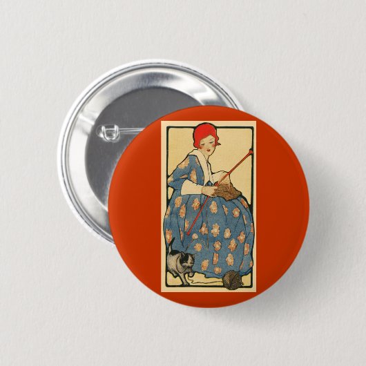 アールヌーボー-彼女の猫が付いている女の子の編み物 缶バッジ (正面&裏面)