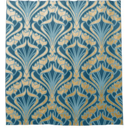 アールヌーボー,金ゴールド,ティール（緑がかった色），パターン，ダマスク，ビクトリアンベル シャワーカーテン