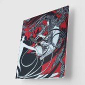 アールヌーボーFAUN赤バーガンディ、黒、白 スクエア壁時計 (傾斜)