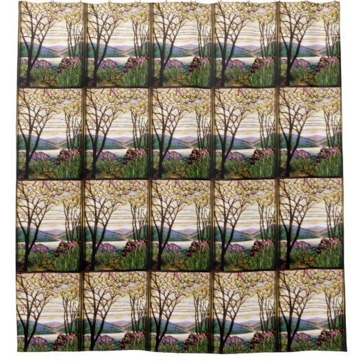 アールヌーボーTiffanyのステンドグラスのアイリス花 シャワーカーテン (正面)