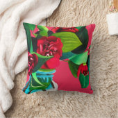 アールポップ・アートのレッドカメリア花水彩オリジナル クッション (ブランケット)