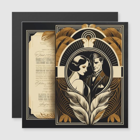 アール・デコのウェディングテーマ マグネット招待状 (正面/裏面)