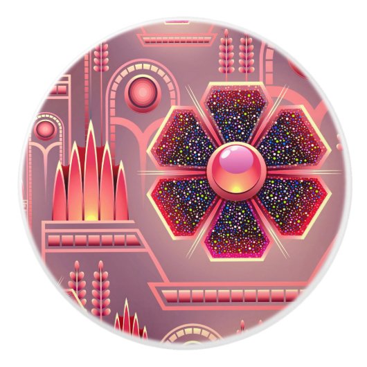 アール・デコのピンクの紫色の花 セラミックノブ (正面)