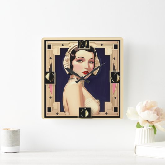 アール・デコの少女 スクエア壁時計 (ホーム)