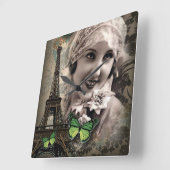 アール・デコの緑の蝶ヴィンテージのgatsby女の子 スクエア壁時計 (傾斜)