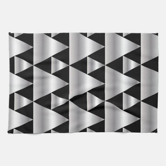 アール・デコ、パターン、銀、シックな黒、エレガントヴィンテージ キッチンタオル (横)