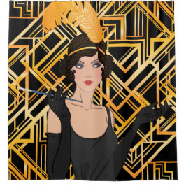 アール・デコ、金ゴールド、黒1920年、Gatsbyの上品、ガーリーなパターン シャワーカーテン