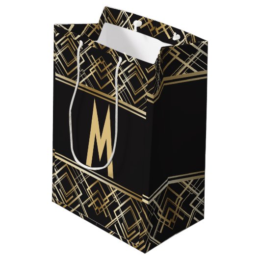 アール・デコ、黒、エレガント、準備ができたモノグラムシックな金ゴールド、 ミディアムペーパーバッグ (裏面アングル)