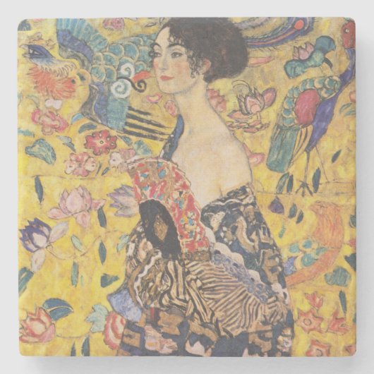 アール・ヌーボー時代の扇を持つ女性の絵 ストーンコースター (正面)
