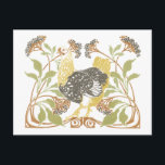 アール・ヌーボー様式の鶏 ポストカード<br><div class="desc">ニワトリとオスのニワトリに、緑の植物が織り交ざったアール・ヌーボー時代の繊細なデザイン。パプリカ、バニラ、モスグリーンのソフトな色合い</div>