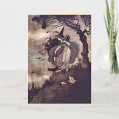 アール・ヌーボー ヴィンテージ 魔女 ほうき 猫 カード (正面)