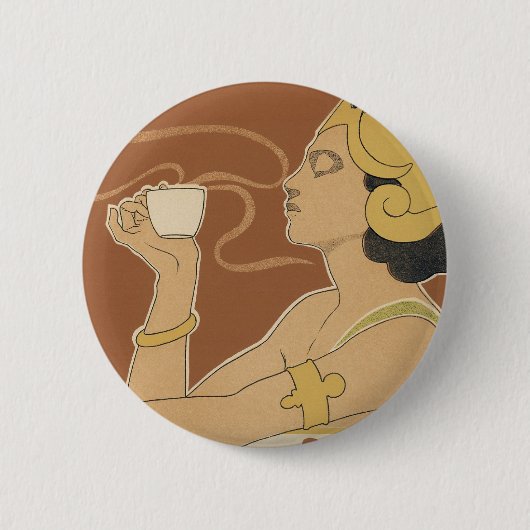 アール・ヌーヴォーのカフェ・ラジャ王女とコーヒー 缶バッジ (正面)