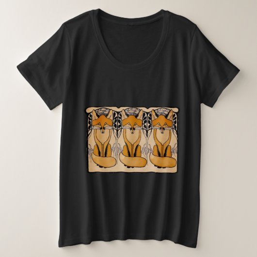 アール・ヌーヴォーのキツネのイラスト | 森の野生動物 プラスサイズTシャツ (デザイン正面)