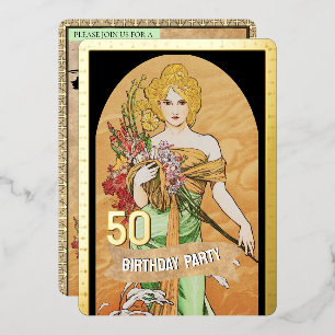 アール・ヌーヴォーのゴールドの春の女神、ムハ、50歳の誕生日 箔招待状