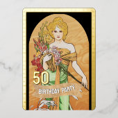 アール・ヌーヴォーのゴールドの春の女神、ムハ、50歳の誕生日 箔招待状 (正面)