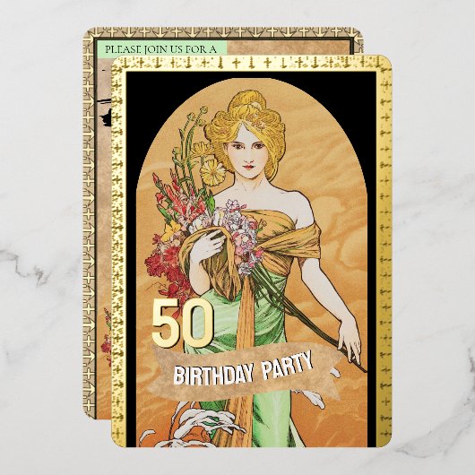 アール・ヌーヴォーのゴールドの春の女神、ムハ、50歳の誕生日 箔招待状 (正面/裏面)