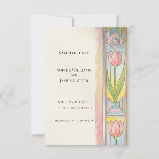 アール・ヌーヴォーのチューリップの結婚式延期カード セーブザデート (正面)