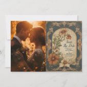 アール・ヌーヴォーのブーゲンビリアの花の結婚式の写真 セーブザデート (正面)