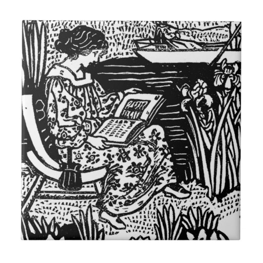 アール・ヌーヴォーの本好き女性 読書家 タイル (正面)