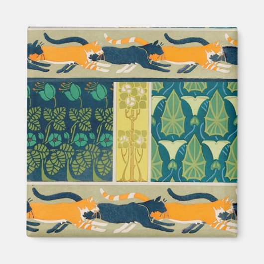 アール・ヌーヴォーの猫と花 マグネット (正面)