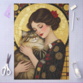 アール・ヌーヴォーの猫を抱く美少女のデコパージュ 薄葉紙 (クラフト)