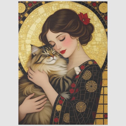 アール・ヌーヴォーの猫を抱く美少女のデコパージュ 薄葉紙 (正面)